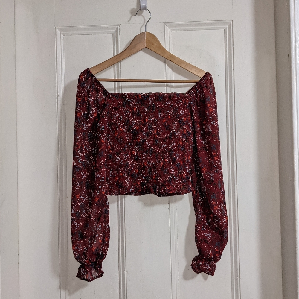 Red cropped sheer sleeve top